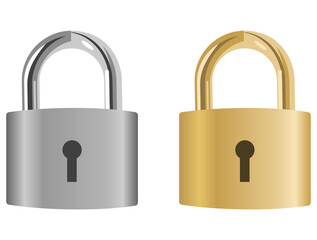 The padlock. Two realistic padlocks, gray and golden, isolated on a white background. Vector, cartoon illustration.