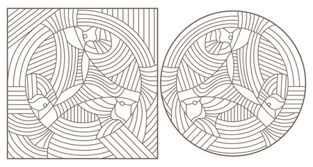 A set of contour illustrations of stained glass Windows with abstract fish, round and rectangular images. dark outlines on a white background