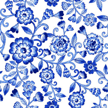 Blue floral watercolor texture pattern with flowers. 