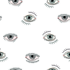 Beautiful vector seamless pattern with watercolor eyes. Stock illustration.