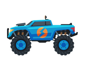 Monster Truck Vehicle, Blue Pickup with Large Tires, Heavy Professional Transport Vector Illustration © topvectors