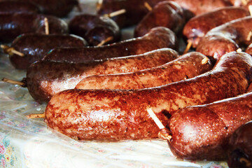 Fototapeta premium Many grilled spicy sausage on table.