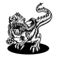 Vector illustration of Angry tyrannosaurus rex with open huge mouth on the White background. Hand-drawn illustration for mascot logo badge emblem patch t-shirt printing design. (Black-White VERSION)