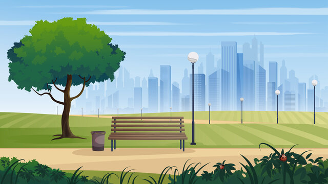 Summer City Park Panorama. Vector Illustration.