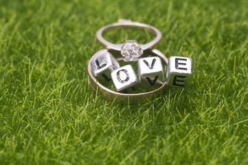 A pair of wedding rings with the word love isolated over green grassy background