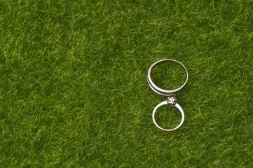 A pair of wedding/engagement ring isolated over green grass