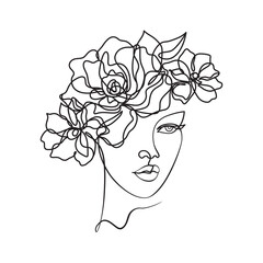Beauty face with flowers line drawing art. Abstract minimal portrait continuous line. Woman with flowing hair and flowers, for organic cosmetics