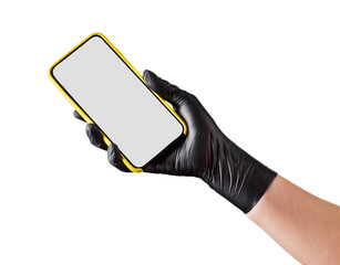 Hand in black glove holding mobile phone with blank screen isolated on white