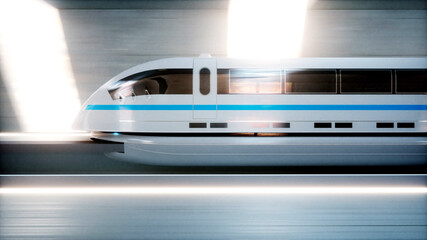 futuristic modern train, monorail fast driving in sci fi tunnel, coridor. Concept of future. 3d rendering.