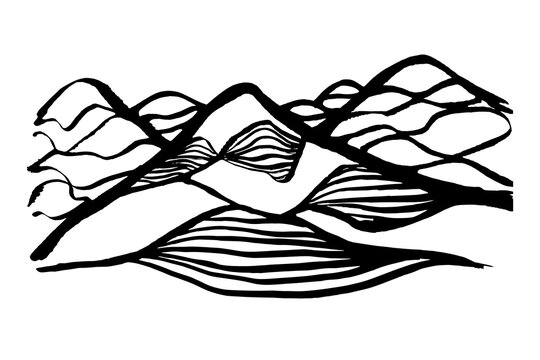 Wavy mountains drawn picture in the engraving style. Vector illustration in black ink isolated on a white horizontal background.