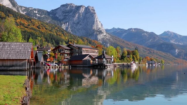 Wonderful sunny day on Grundlsee lake. Calm autumn view of Eastern Alps, Liezen District of Styria, Austria, Europe. Traveling concept background. Full HD video (High Definition).

