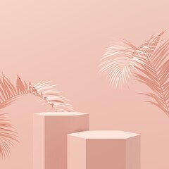 Pink hexagon stand with pink palm for product display on pink pastel background. 3d illustration.