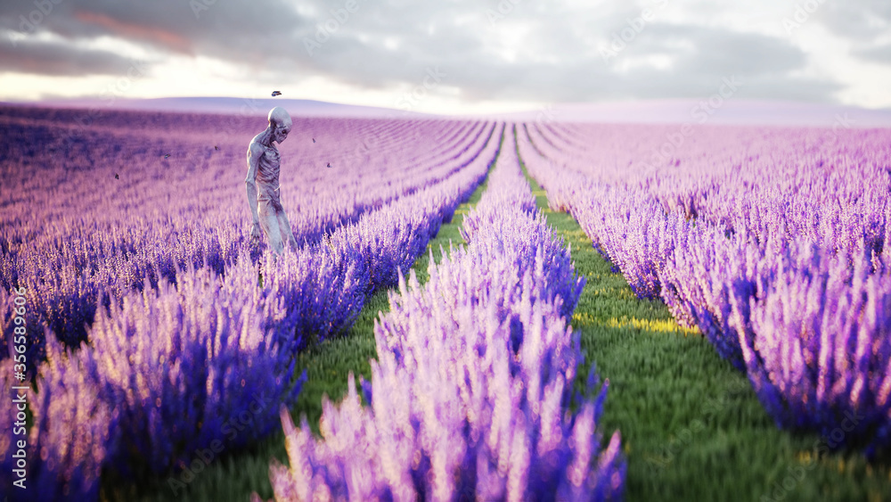 Sticker alien with butterflies in lavender field. concept of ufo. 3d rendering.