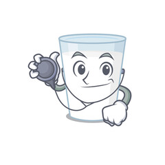 Smiley doctor cartoon character of glass of milk with tools