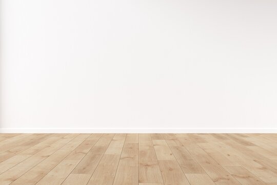 Blank wall mockup with wooden floor. 3d illustration.