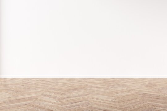 Empty white wall with herringbone wooden floor. Mock up 3d illustration.