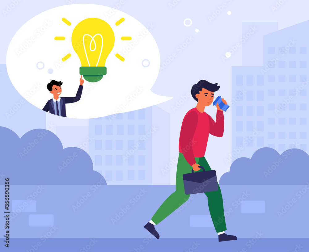 Poster man getting idea while drinking coffee on way to work. businessman walking in morning flat vector il
