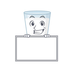 Glass of milk cartoon design style standing behind a board