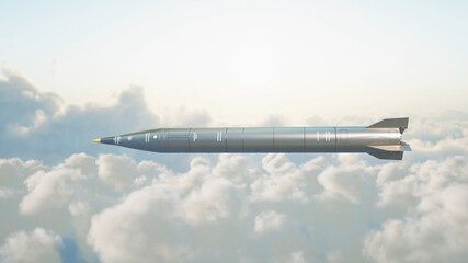 Ballistic nuclear rocket flying over clouds. War and military concept. 3d rendering.