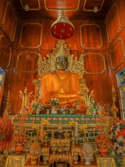 view of bronze buddha (Phra Jao Pararakeng) with traditional costume, Yakhai or Myanmar Style art 18th. Century., Wat Hua Wiang, Mae Hong Son, northern of Thailand.