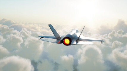 Jet, fighter flying over clouds . War and weapon concept. 3d rendering.