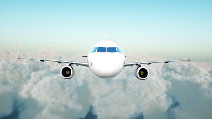 Passenger airbus flying in the clouds. Travel concept. 3d rendering.