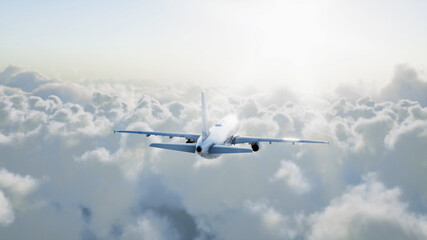 Fototapeta na wymiar Passenger airbus flying in the clouds. Travel concept. 3d rendering.