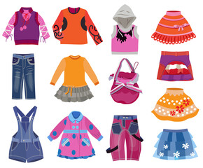 collection of children's clothes isolated on white background (vector illustration)