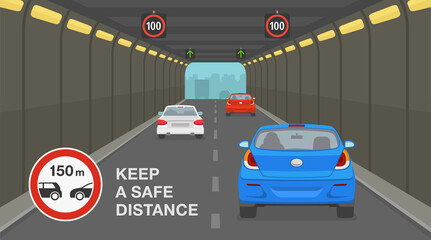 Driving a car. City highway tunnel road. Keep a safe distance road sign. Flat vector illustration.