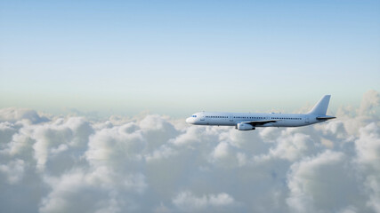 Naklejka na ściany i meble Passenger airbus flying in the clouds. Travel concept. 3d rendering.