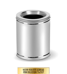 Metal garbage bin on white background. Realistic vector, 3d illustration