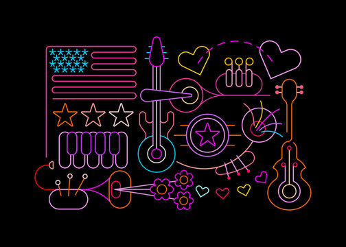 Neon colors isolated on a black background USA Independence Day vector illustration. Celebration of Fourth of July, July 4th.