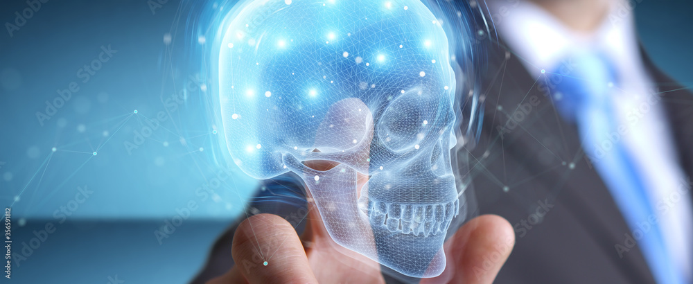 Poster man using digital x-ray skull holographic scan projection 3d rendering