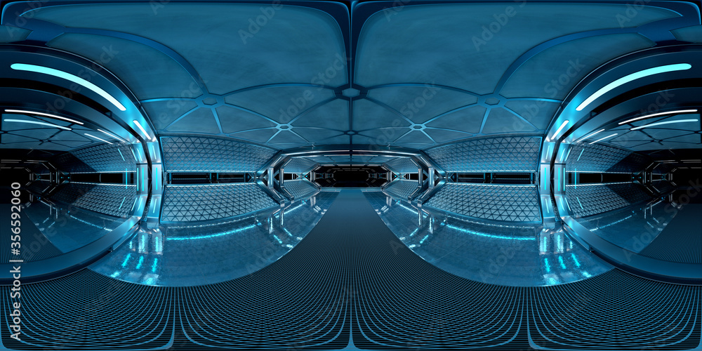 Poster high resolution hdri panoramic view of dark spaceship interior. 360 panorama reflection mapping of a