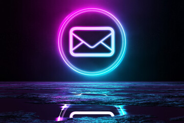 Digital email holographic icon illuminating the floor with blue and pink neon light 3D rendering