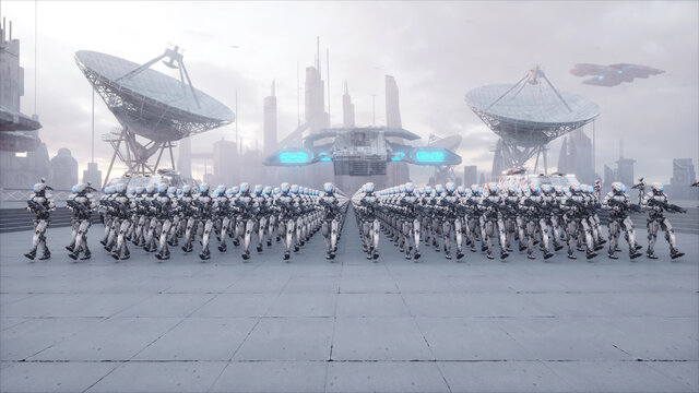 invasion of military robots. Dramatic apocalypse super realistic concept. Future. 3d rendering.