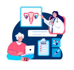 Gynecologist Doctor Consultate Old Pensioner Woman. Online Medical Hospital. Internet Female Climacteric Menopause Diagnostics. Uterus,Ovaries Treatment. Digital Help Service. Flat Vector Illustration