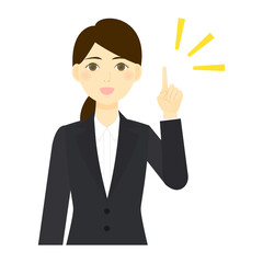 指を差して説明するスーツの女性 (強調)
