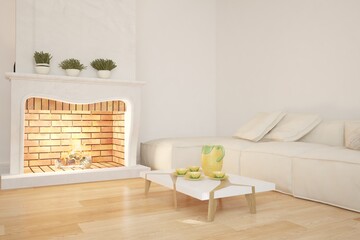 modern room with sofa,fireplace,table and plants interior design. 3D illustration