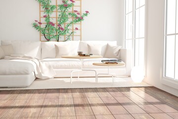 modern room with sofa,pillows,plaid,carpet and tables interior design. 3D illustration