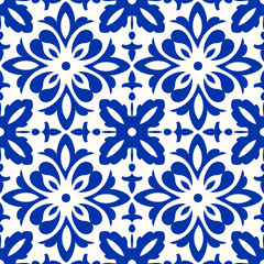 Fototapeta na wymiar Seamless patchwork tile with Victorian motives. Majolica pottery tile, blue and white azulejo, original traditional Portuguese and Spain decor. Vector illustration