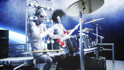 Alien rock party on space ship. Concert. Guitar, bass and drum play. Earth background. Alien funny concept. 3d rendering.