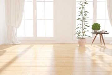 Fototapeta na wymiar modern room with table,plants and curtains interior design. 3D illustration