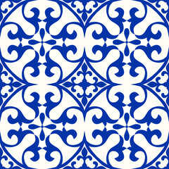 Seamless patchwork tile with Victorian motives. Majolica pottery tile, blue and white azulejo, original traditional Portuguese and Spain decor. Vector illustration