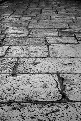 Cobblestone road, gritty urban grunge style, black and white image suitable for background