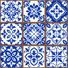 Geometric Islamic Seamless Pattern Arabesque blue and white, patchwork. Antique portuguese azulejo ceramic.