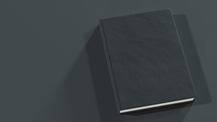 Black leather notebook on a black background. 3d illustration