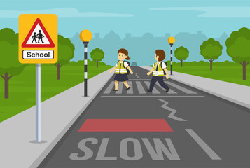 School children crossing road on crosswalk. Zebra crossing with belisha beacons. Flat vector illustration.