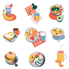 Fototapeta na wymiar Different types of fresh healthy breakfast sets vector illustration