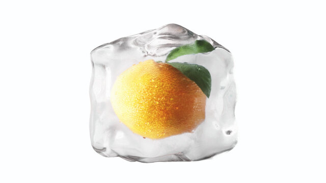 Orange in ice cubes. Food and broadcast concept. Realistic ice materials. 3d rendering.